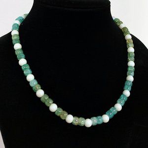 Handmade Green Agate & White Glass Bead Necklace